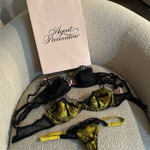 Agent Provocateur Black and Gold Lace Bra Set